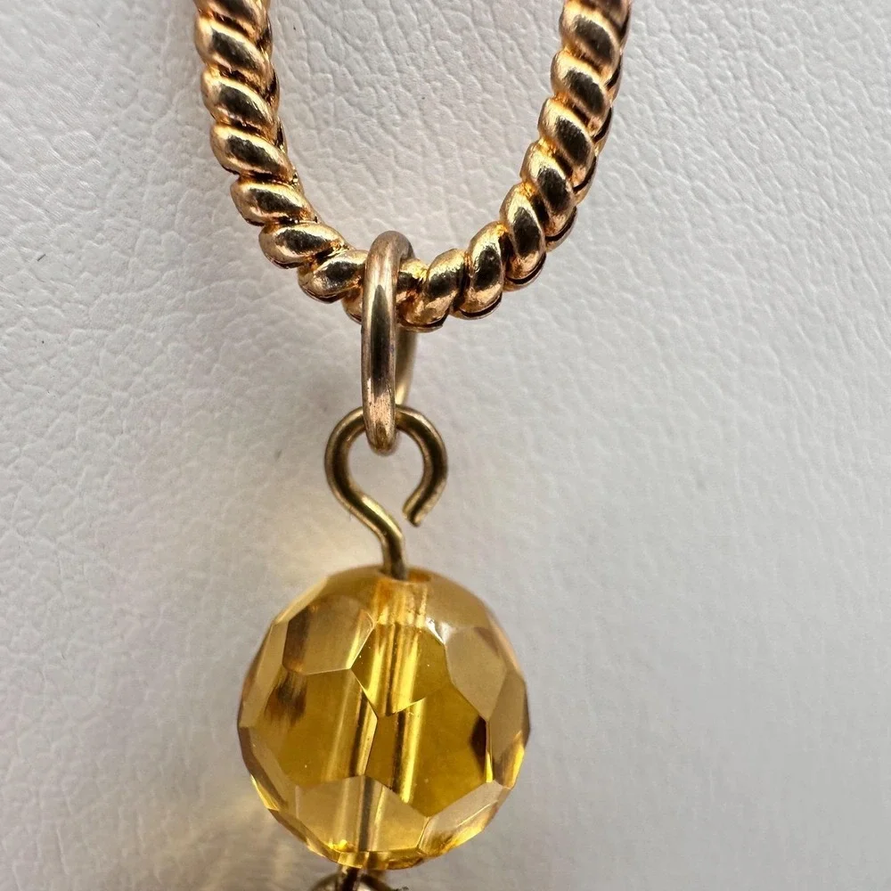 Vintage 90s Amber Citrine Glass Pendant Necklace Gold Tone Beaded Boho Statement